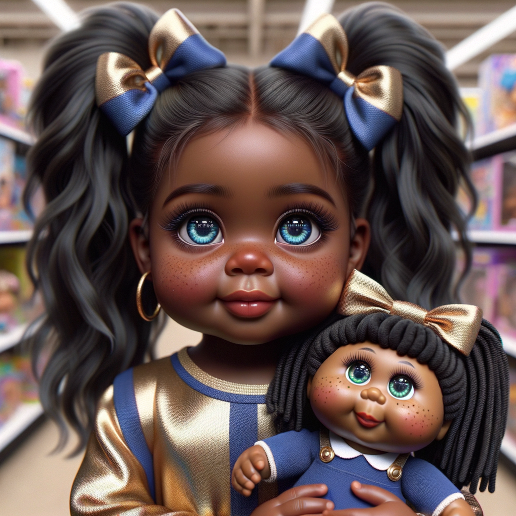 Create a 3-D image of an african-American little girl inside of a medium size, toy store. The little girl has thick long, ponytails and huge blue eyes. She has on a gold and blue jumpsuit with matching bows, She is playing with her favorite african-American cabbage patch doll, the doll has deep, dimples, and freckles and looks just like her