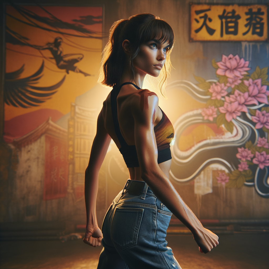 Athletic Thin skinny Attractive, Asian teenage girl, long brown hair and bangs, wearing tight skinny jeans and a halter top paint marks on her clothing, heroic pose Asian graffiti background, backside view