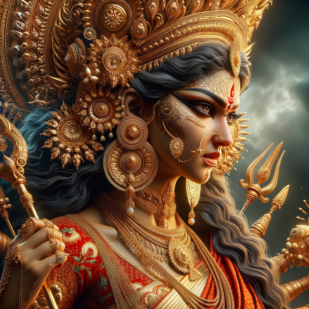 Side view portrait of  gorgeous and extremely angry goddess durga. intricately detailed depiction of a goddess. gold jewelry all over body. ultra detailed face. Wearing red saree, a lot of gold ear piercings, huge gold crown on head, uhd, hdr, 64k, epic, ultra detailed face