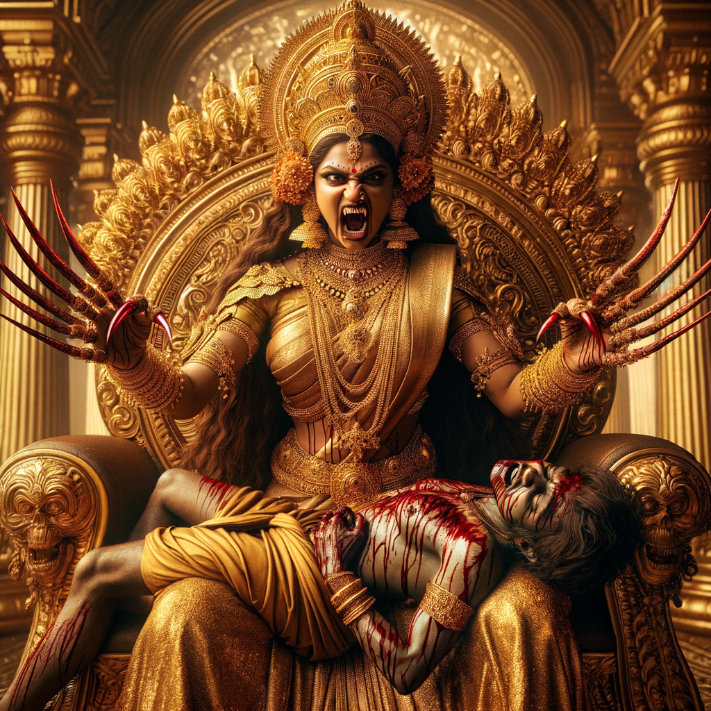 portrait of extremely angry looking south indian goddess sitting on a gold crown and carrying a weak mahishasur on her lap and poking him with her amazingly long red fingernails. She is wearing gold armor, a huge gold crown, gold saree, abundant  gold jewelry, covered in blood. The scene is set in ancient India. The image is 8K resolution, cinematic, photography, ultra detailed face and epic.