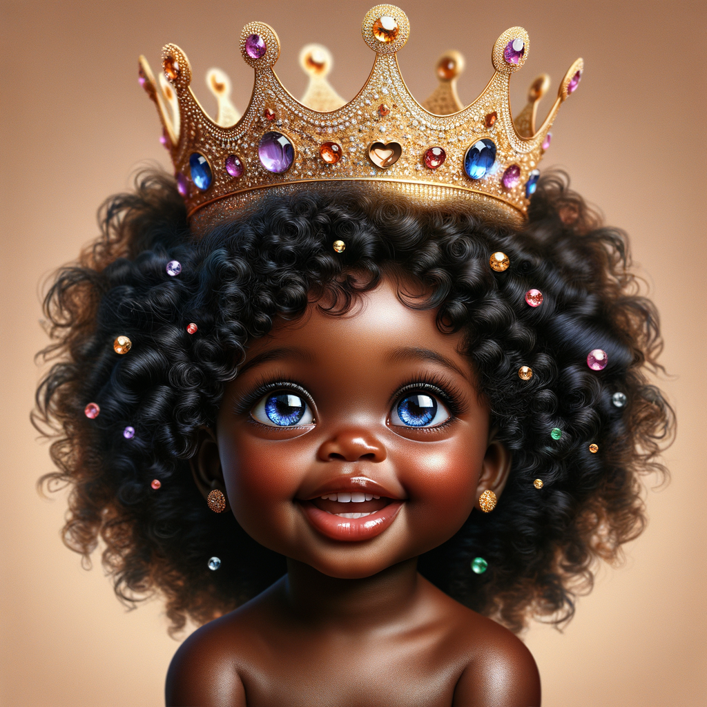 "Create a digital portrait of an adorable african-American baby girl with a joyful expression. She is wearing a gold crown with colorful jewels. Her big, bright blue eyes are wide with wonder, and her tiny mouth is shaped in a happy grin. Her skin has a warm, honey-brown tone, and she has an abundance of thick curly black hair, The background is soft and neutral to keep the focus on her delightful features. The portrait should be vibrant and heartwarming, celebrating the innocence and charm of childhood."