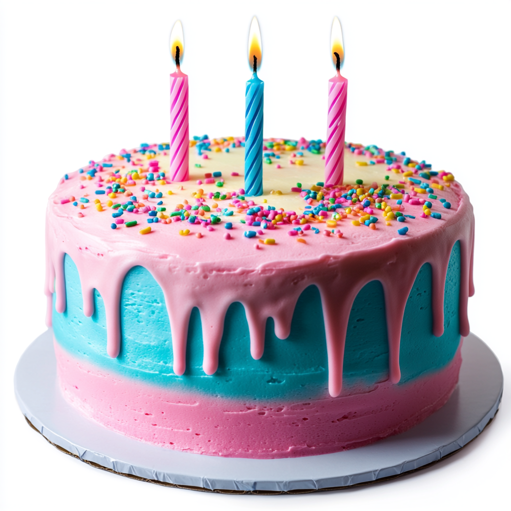 A vibrant, festive birthday cake with three lit candles on top. The cake is  two tiered with colorful frosting—pastel pink on the top layer and sky blue on the bottom. The frosting drips slightly over the edges for a delicious effect. Bright, multicolored sprinkles are scattered over the top. The three candles are evenly spaced, each with a different color—red, yellow, and blue—with soft glowing flames. The background is completely white