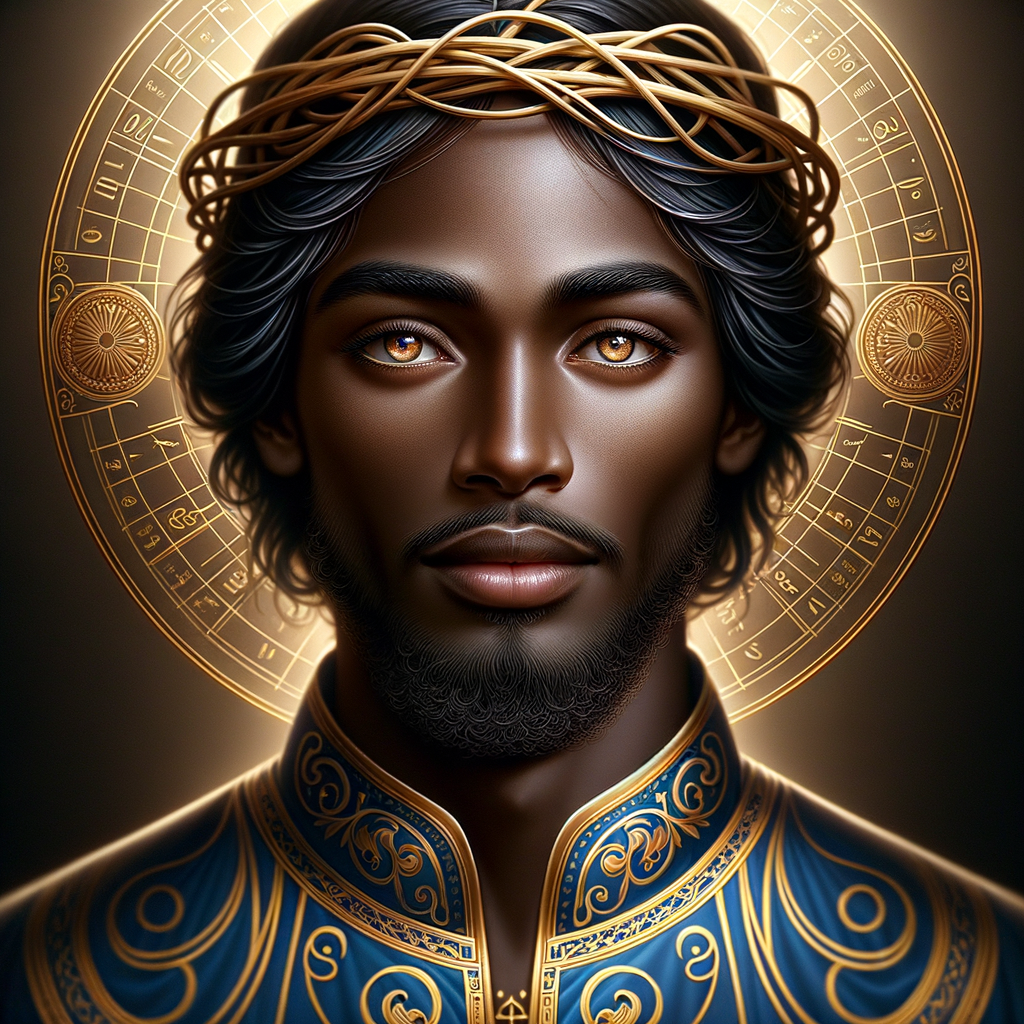 Create a beautiful African-American Jesus Christ with Hazel, brown eyes and blue and gold robe