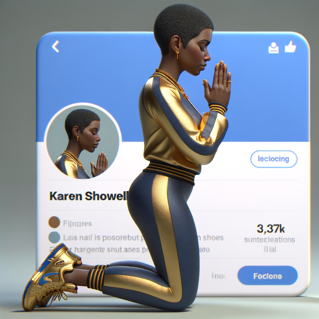 Create a 3D illustration of a realistic light skinned African-American woman on The remote her knees Praying , she has a black pixie cut haircut FACEBOOK social media with a FACEBOOK BACKGROUND . She is wearing a gold and blue jumpsuit and gold and blue Nike gym shoes. The background is a FACEBOOK social media profile with a user name “KAREN SHOWELL ” and profile FACEBOOK Cover