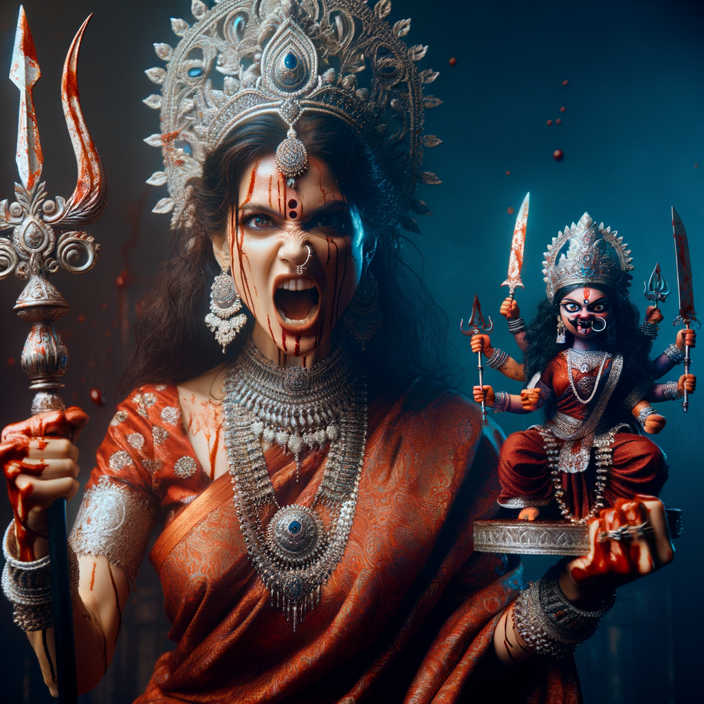 portrait of angry looking goddess durga cosplayer  carrying a short mahishasur in her two arms and stabbing him with her amazingly designed trident. She is wearing a huge silver crown, red saree, abundant silver jewelry, covered in blood. The scene is set in ancient India. The image is 8K resolution, cinematic, ultra detailed face and epic.