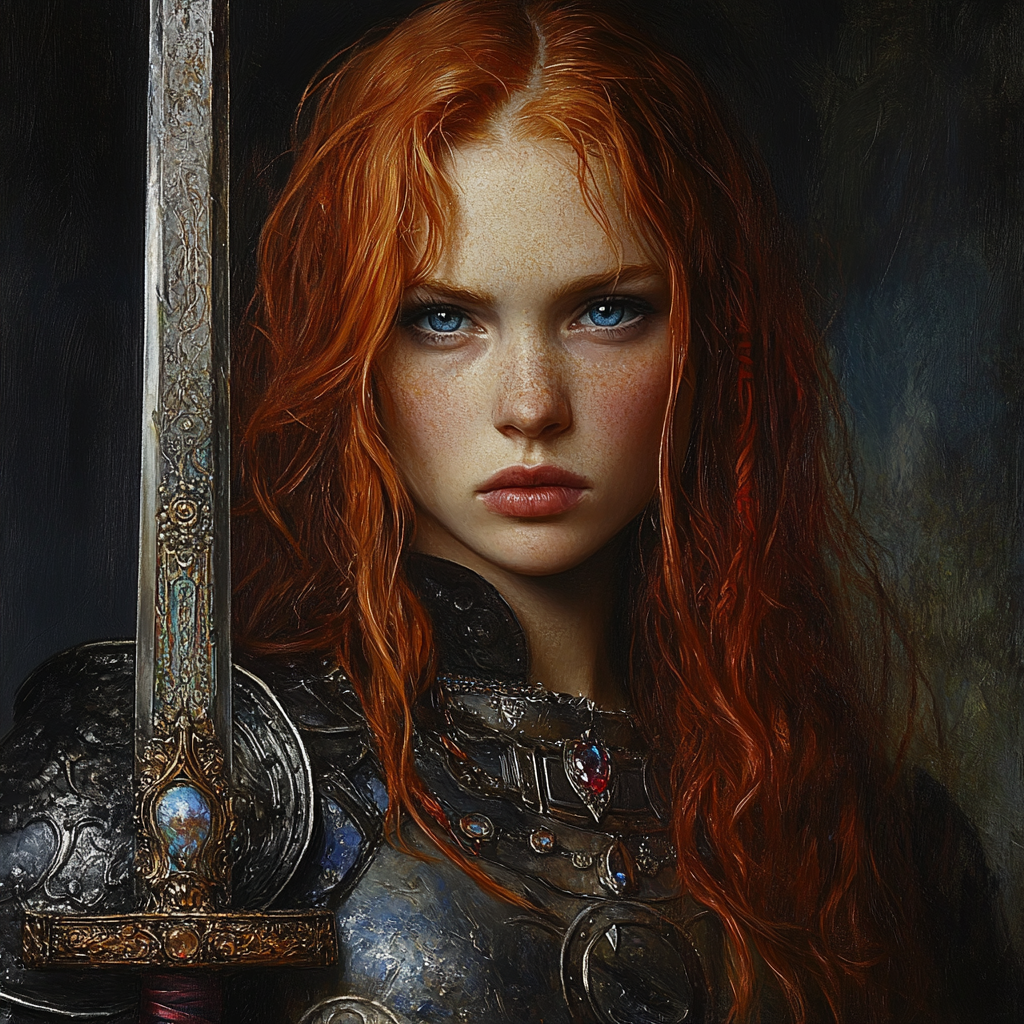 A below shoulder length red headed warrior with blue eyes and a round face carrying a jeweled sword.  Realistic photo of bust image