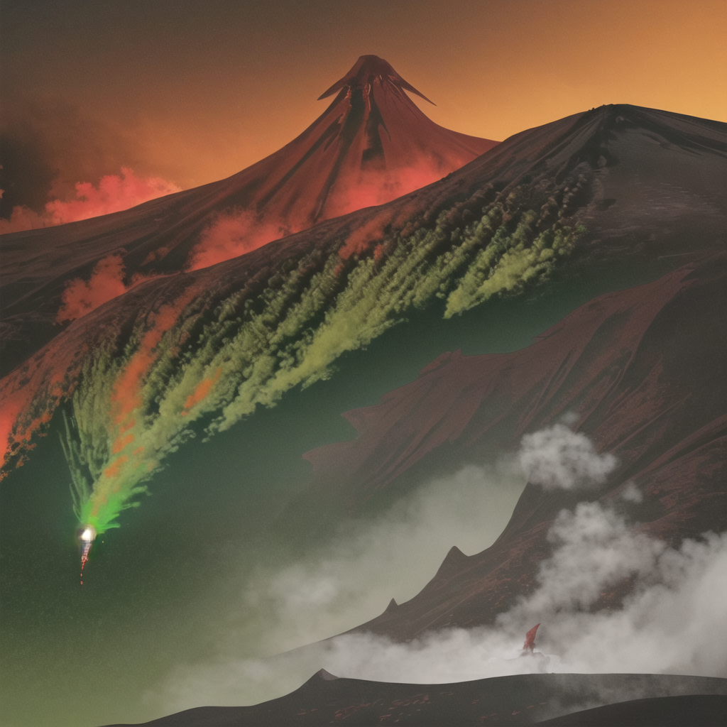 A red wyvern creating the ridge of a volcano. The volcano is spewing green lava and the wyvern is spitting green flames. The sky is brown and gray with smoke and ash, though green light is shining through.