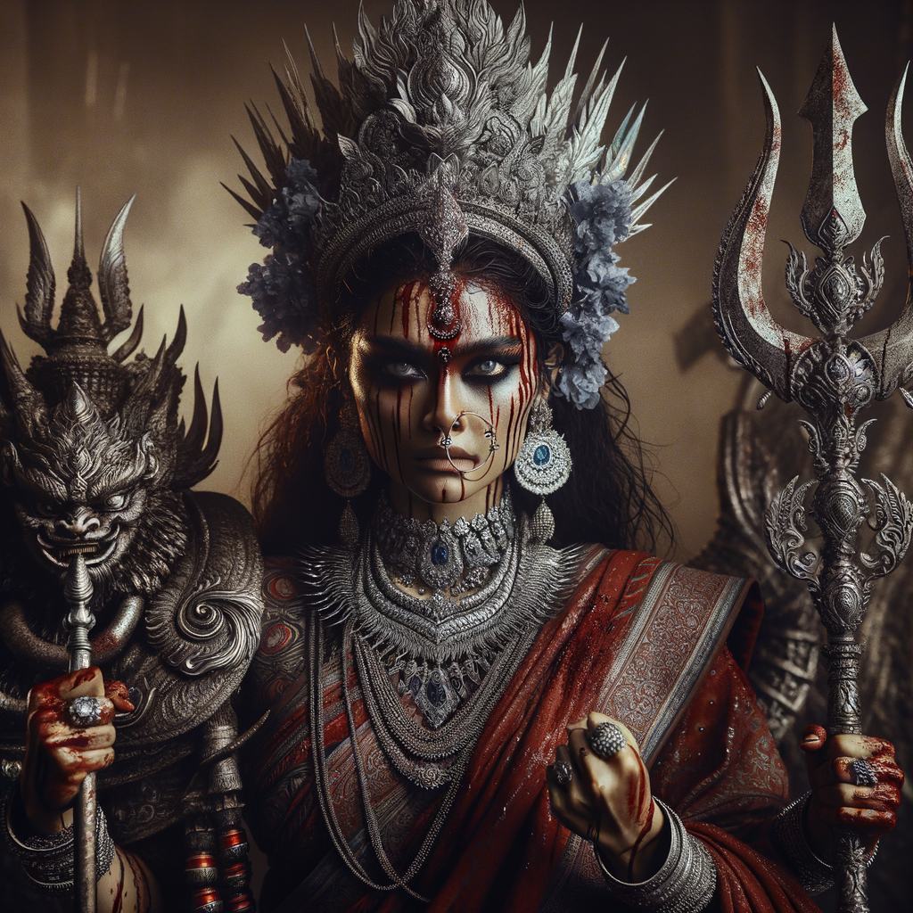 portrait of angry looking, gorgeous goddess durga cosplayer carrying a weak mahishasur in her two arms and stabbing him with her amazingly designed trident. She is wearing a huge silver crown, red saree, abundant silver jewelry, covered in blood. The scene is set in ancient India. The image is 8K resolution, cinematic, ultra detailed face and epic.