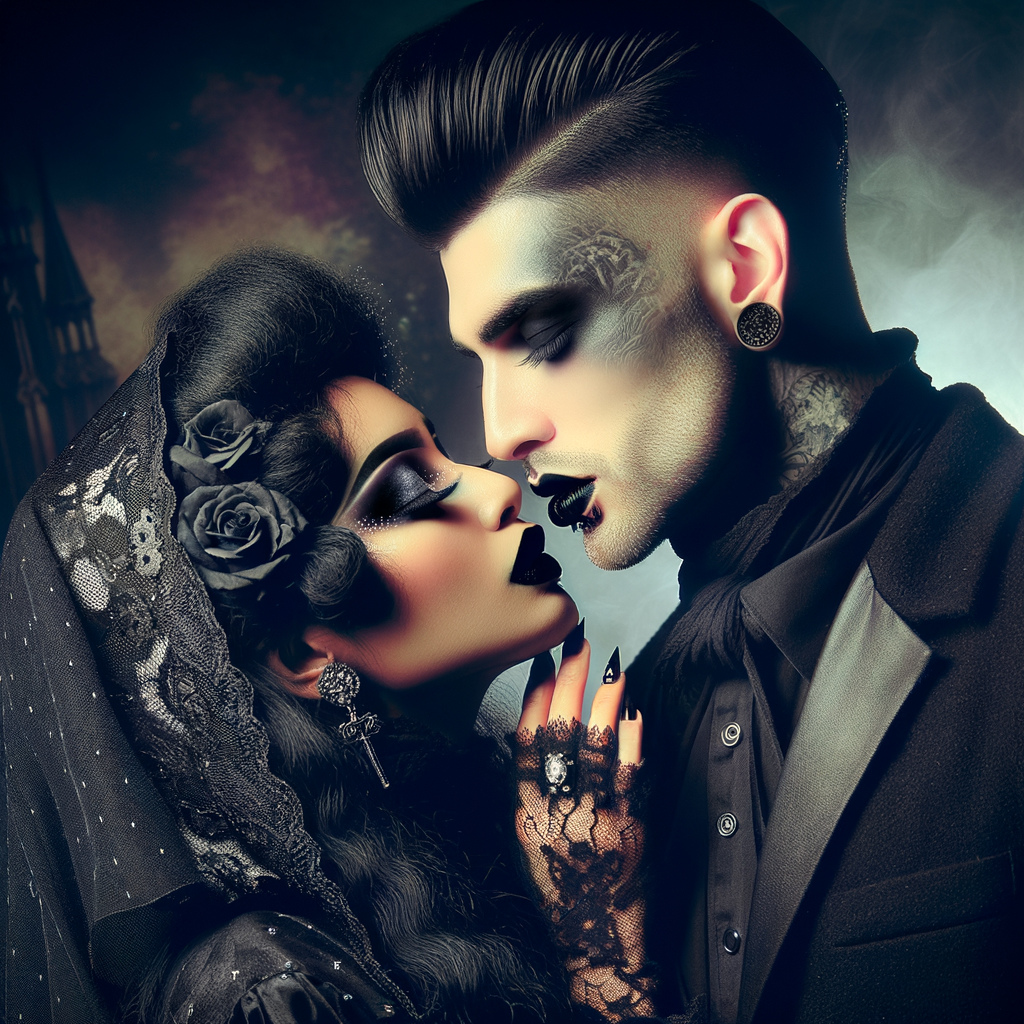 A beautiful goth woman lips kissing with a handsome goth man, embodying corrupting energies of each other, dark love