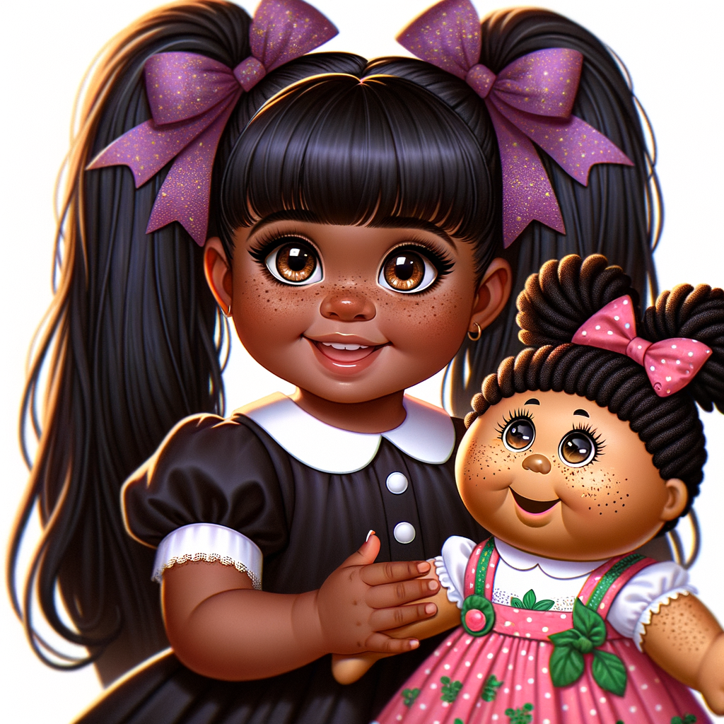 African-American girl with huge Hazel Brown eyes and long, black ponytails with Bows playing with African-American, cabbage Patch doll with huge dimples and freckles