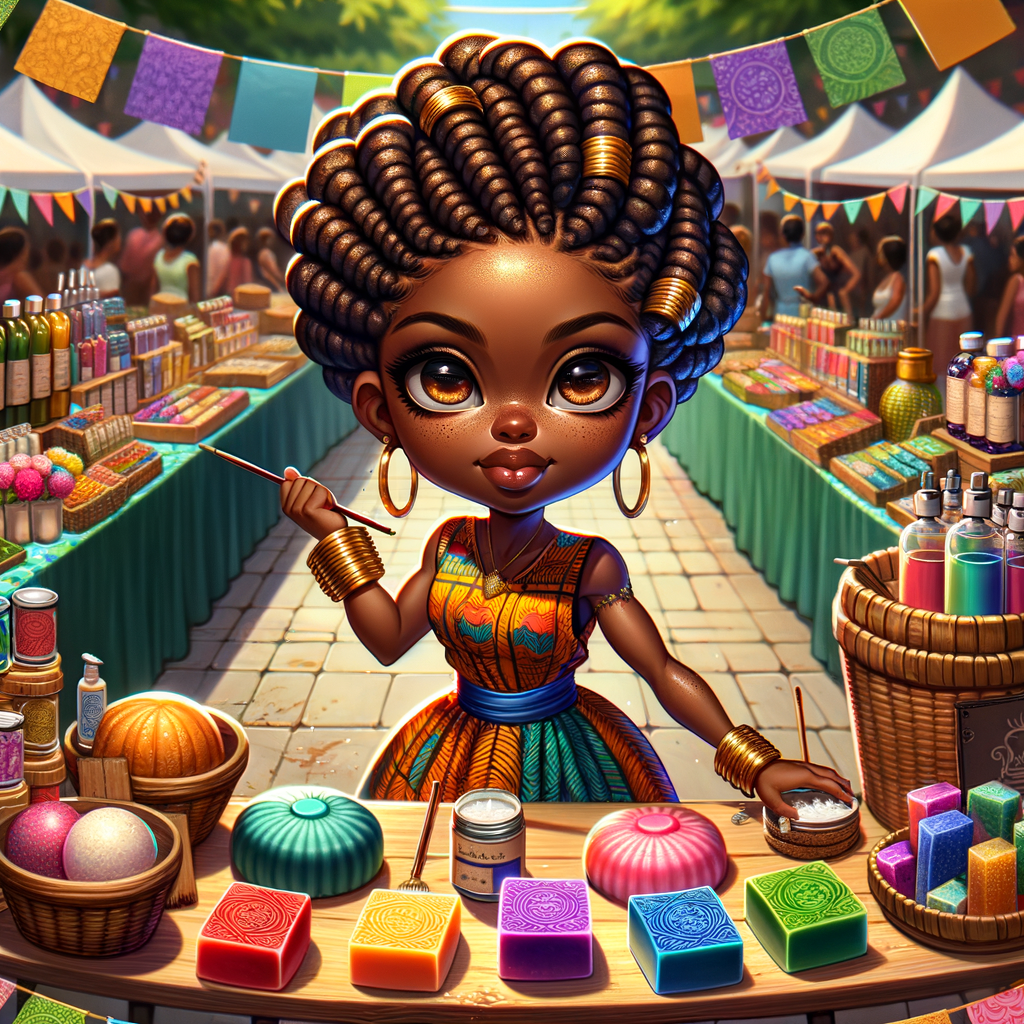 "Envision a digital painting of a vibrant African American chibi character, boasting an athletic yet curvy build. She has wide almond-shaped eyes and luscious full lips. Her hair is elegantly styled into an updo of locs, each adorned with shiny golden cuffs. She stands proudly behind a booth at a bustling craft fair, surrounded by her own handmade colorful soaps and aromatic candles. She wears a branded apron over a cheerful summer dress, actively engaging with customers. The perspective of the artwork is dynamic, with the craft table positioned at an inviting angle, allowing a three-dimensional view of the varied products. Banners flutter above her, displaying the brand name in a festive font. This scene is alive with the fair's energetic atmosphere, focusing on the rich interactions between the creator and her patrons, and showcasing the intricate textures and vivid colors of the crafts."