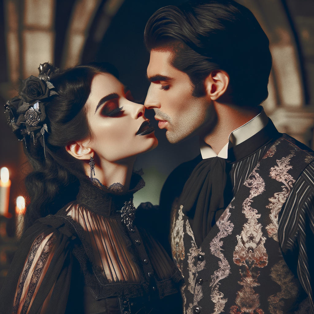 A beautiful goth woman lips kissing with a handsome goth man, embodying corrupting energies of each other, dark love