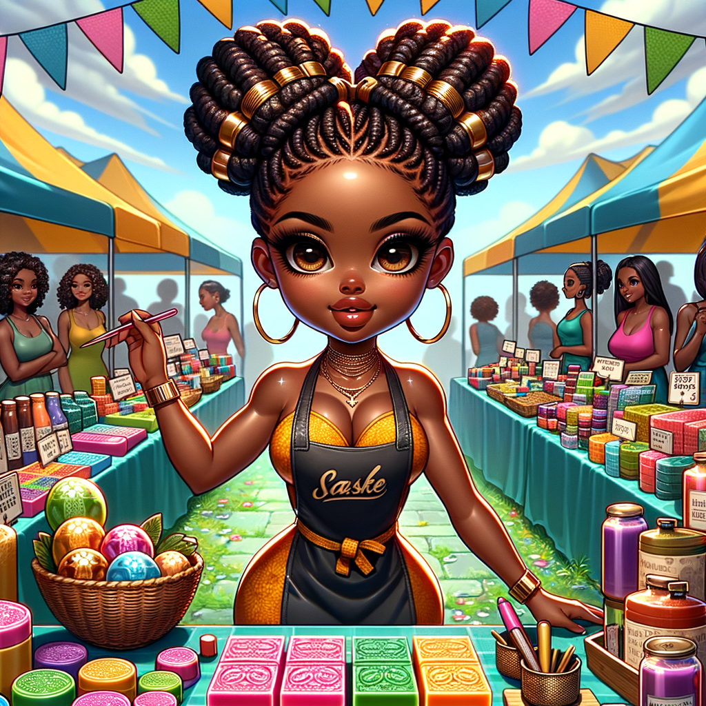 "Envision a digital painting of a vibrant African American chibi character, boasting an athletic yet curvy build. She has wide almond-shaped eyes and luscious full lips. Her hair is elegantly styled into an updo of locs, each adorned with shiny golden cuffs. She stands proudly behind a booth at a bustling craft fair, surrounded by her own handmade colorful soaps and aromatic candles. She wears a branded apron over a cheerful summer dress, actively engaging with customers. The perspective of the artwork is dynamic, with the craft table positioned at an inviting angle, allowing a three-dimensional view of the varied products. Banners flutter above her, displaying the brand name in a festive font. This scene is alive with the fair's energetic atmosphere, focusing on the rich interactions between the creator and her patrons, and showcasing the intricate textures and vivid colors of the crafts."