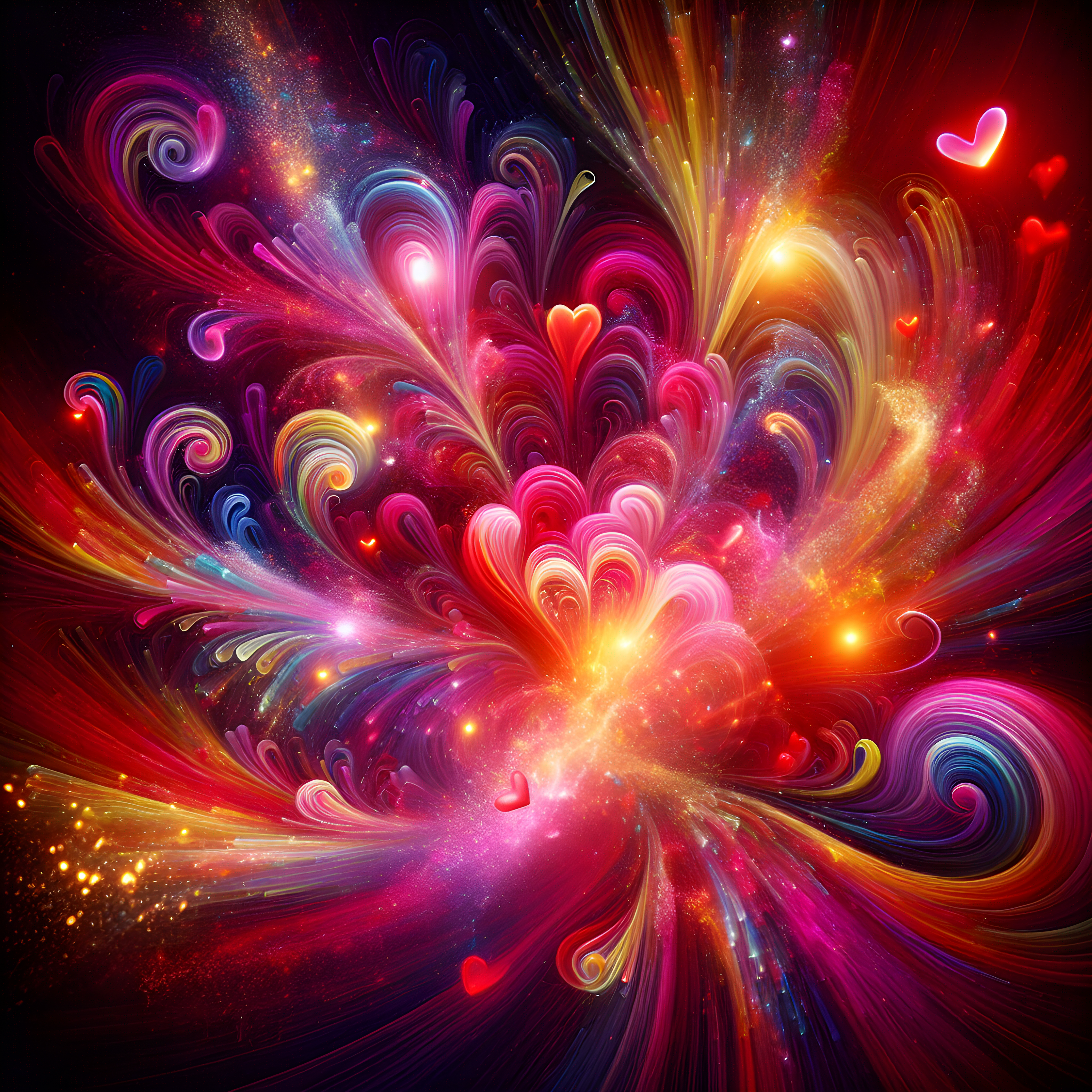 "Imagine an explosion of vibrant, swirling colors merging in an abstract dance of red, pink, and gold. Heart shapes subtly emerge and dissolve within the strokes, while intricate patterns symbolize love and connection. Flecks of light sparkle throughout, embodying the warmth and passion of Valentine's Day." Neon color palette