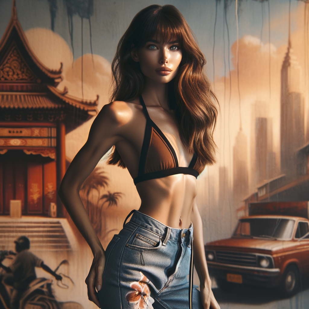 Athletic Thin skinny Attractive, Asian teenage girl, long brown hair and bangs, wearing tight skinny jeans and a halter top paint marks on her clothing, heroic pose Asian graffiti background, side view