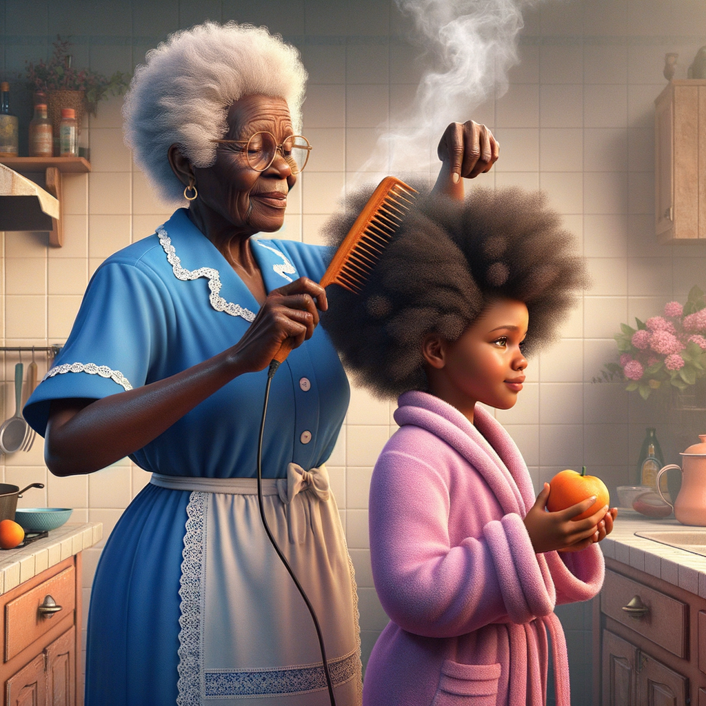 Create a realistic 3-D image of an african-American grandmother wearing a blue house dress and a white apron . She is in the kitchen with her african-American granddaughter. Her granddaughter is wearing a pink bath robe. The grandmother has a hot comb in her hand and she is straightening her granddaughters hair. One side of her granddaughters hair is in  a Afro the other straight 
There is smoke coming from the hot comb
The granddaughter is holding her ear and making a funny face