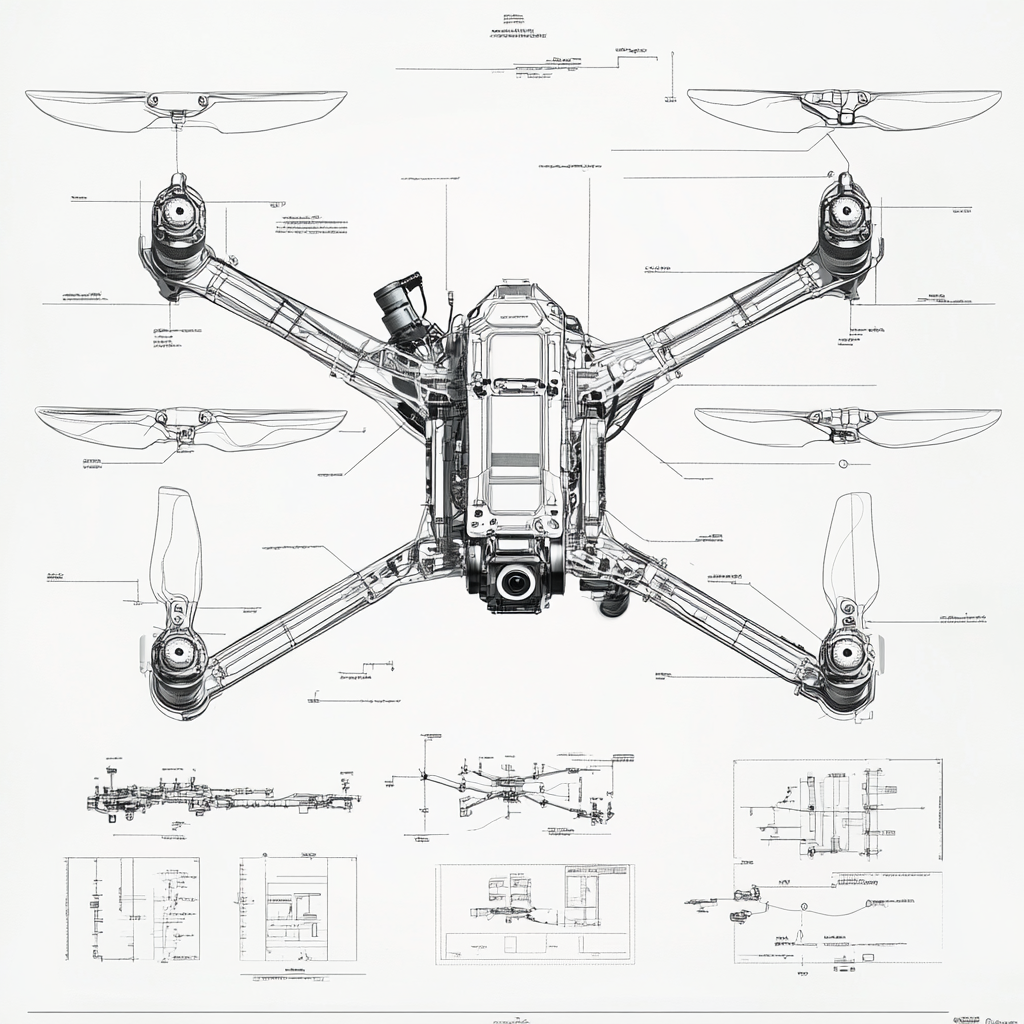 A detailed specification sheet for drone with callouts and dimensions, highly technical