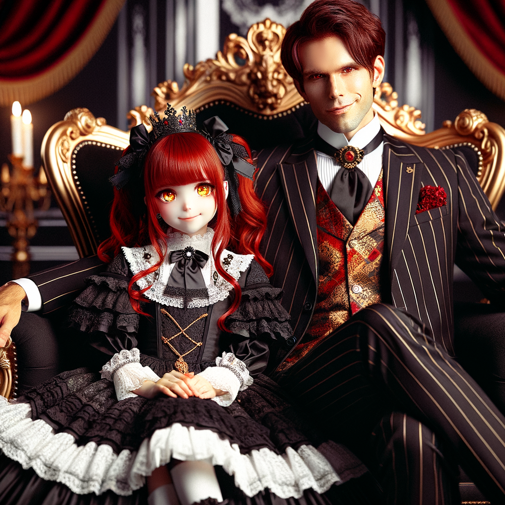 Lilith as a girl with elegant gothic lolita dress sit on the lap of handsome lucifer, the girl has red hair and golden eyes, thrones, black and red elegant luxury background, handsome lucifer smirk