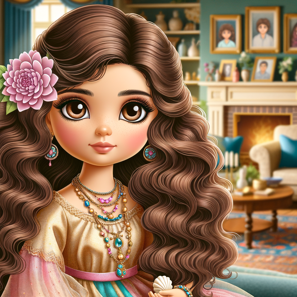 Create an image of a stylized, Latino doll-like girl seated in a cozy living room with a warm fireplace. She has voluminous, wavy hair cascading over her shoulders, tinted with shades of chestnut and mocha. Her large, expressive eyes are a deep brown, fringed with long, fluttery lashes. A delicate pink flower tucks behind one ear, complementing her youthful glow. She wears a gold, pink, and blue body on dress with soft, flowing fabric that drapes elegantly over her small frame. Around her neck is a dainty necklace adorned with beads and a gentle sprinkle of gemstones reflecting subtle light. In her hand, she holds a pearly seashell as a charming accessory. Behind her, the living room is inviting, with plush furnishings, a mantelpiece adorned with family photos and trinkets, and a crackling fireplace that casts a comforting glow and dancing shadows around the room, enhancing the ambiance of a serene home setting