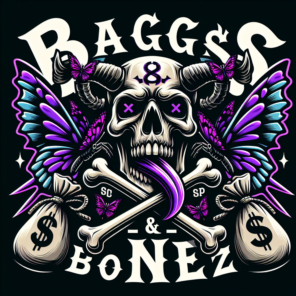 Death logo with butterflies and purples(masterpiece, best quality),vicious extremely detailed, skull and bones and money everywhere, (detailed eyes)Make different shaped logos [Make sure image fits in space allowed] animated, influenced by horror elements, dressed in a oozing graffiti horns. utilizing a stylized dollar sign. elongated tongue should be playfully sticking out. Beneath the figure, incorporate in a old english unique, bold font that complements the edgy aesthetic, the words "BAGGS & BONEZ" FOR THE BRAND NAME ON THE LOGO.((best quality)), ((masterpiece)),  ,, (8k), RAW photo, best quality, ultra high res,( realistic), should have an exaggerated expression, with a long, protruding tongue.sharp features and large horns,