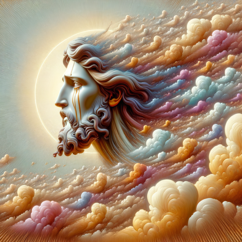 Create a 3-D realistic oil, painting brown 
Jesus Christ coming in the blue, gold, pink and white clouds with great power and glory up close, tears rolling down his face,