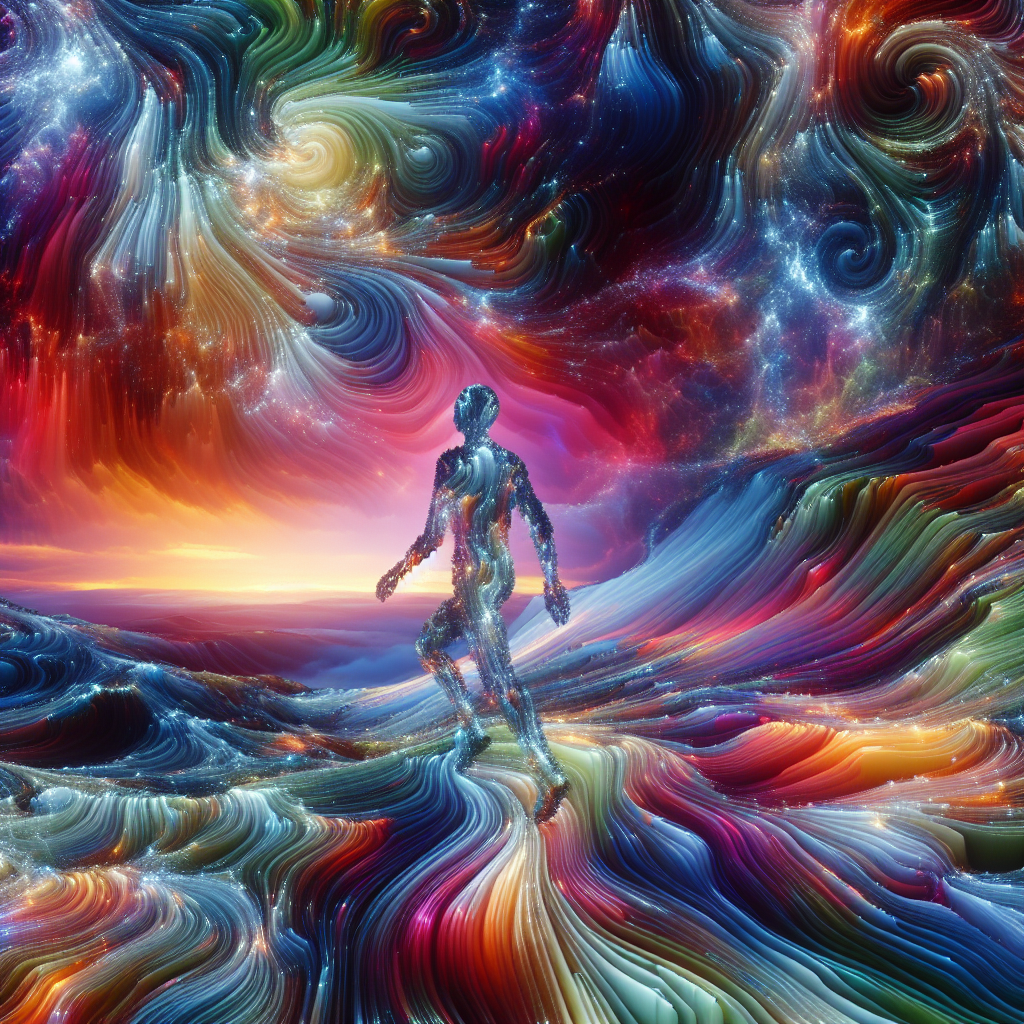 A cosmic traveler walking along an alien terrain under a vibrant, ever-shifting aurora. The ground itself appears to pulse with iridescent colors, and the traveler’s outline shimmers with reflective patterns that blend into the surreal, dreamlike environment