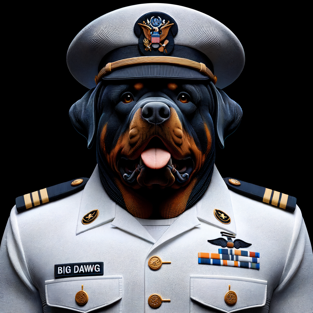 A mean Rottweiler, the Rottweiler is a US Navy officer in a white uniform, down below, spells the words BIG DAWG