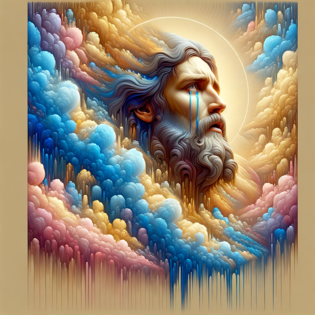 Create a 3-D realistic oil, painting brown 
Jesus Christ coming in the blue, gold, pink and white clouds with great power and glory up close, tears rolling down his face,