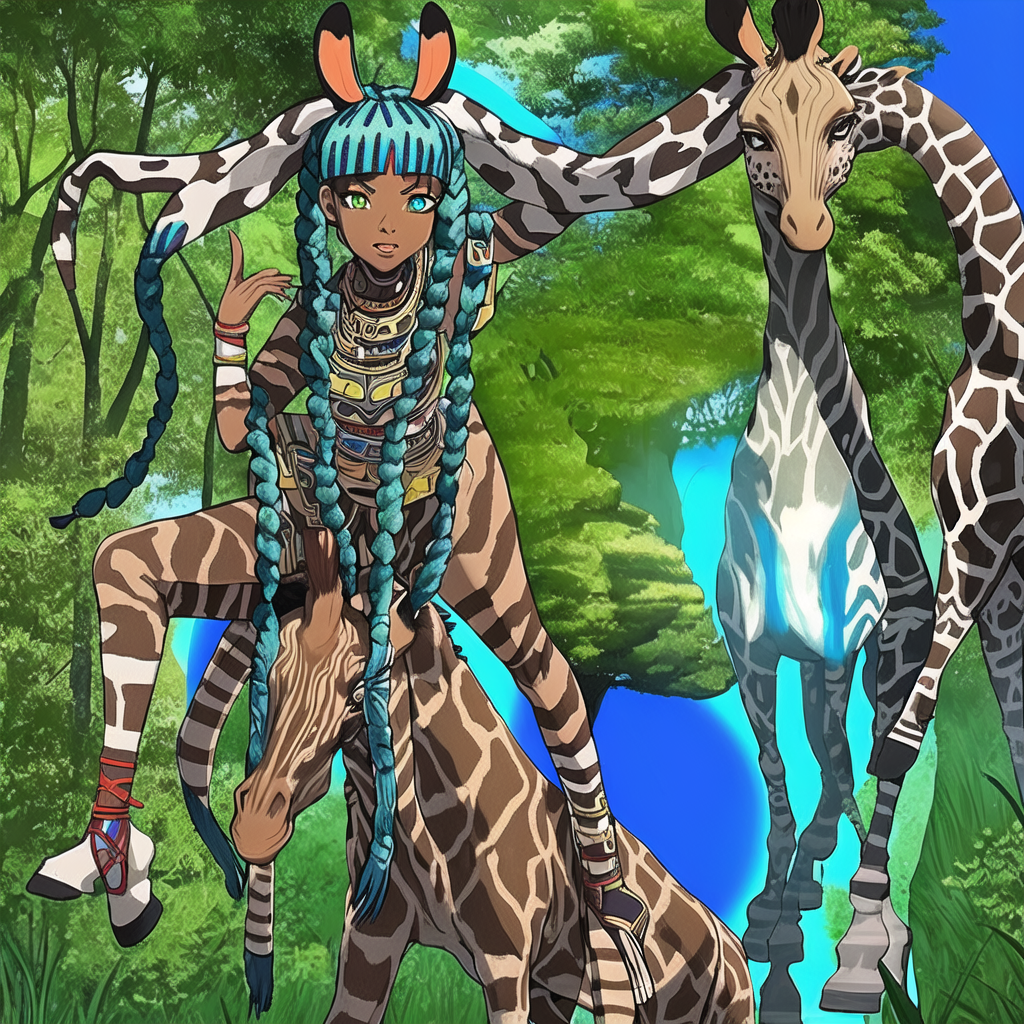 ancient landscape Ancient warrior woman Slimthick African American pretty face flawless skin long colorful braids, plus edges, fluxus art vibrant colors one  blue eye one green eye. Ancient attire sandal's striped giraffe