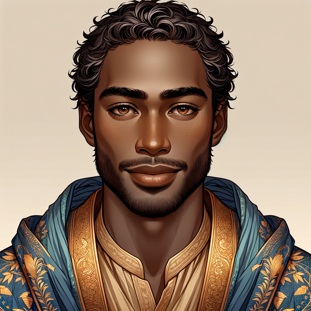 Create handsome African-American, Jesus, with Hazel Brown eyes wearing a blue and gold robe