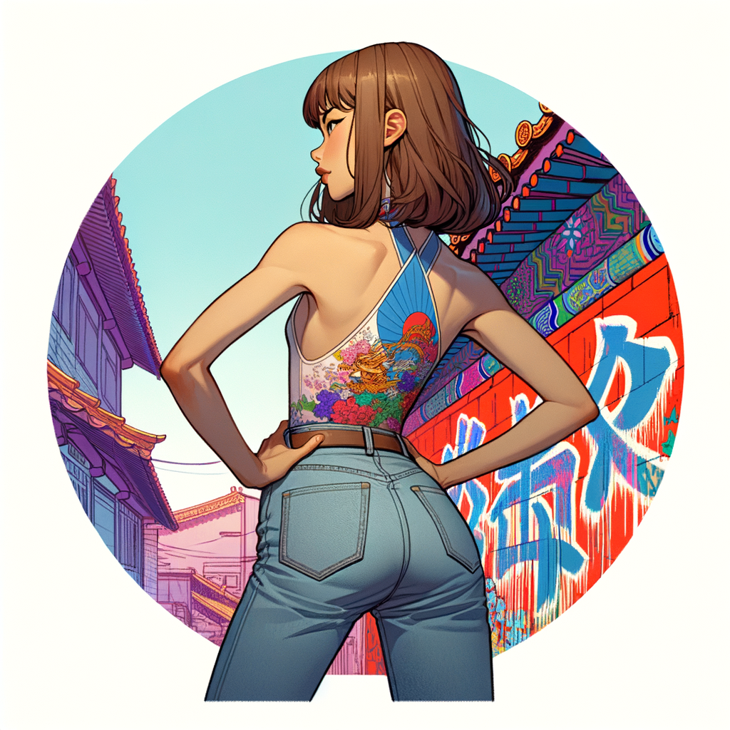 Attractive, Asian teenage girl, long brown hair and bangs, wearing tight skinny jeans and a halter top paint marks on her clothing, backside view heroic pose Asian graffiti