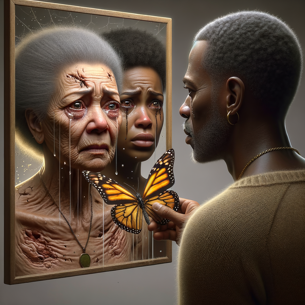 Create a 3-D realistic, adult african-American, female and male looking at themselves in the mirror but the child them has scars dirty crying and sad, with a falling butterfly