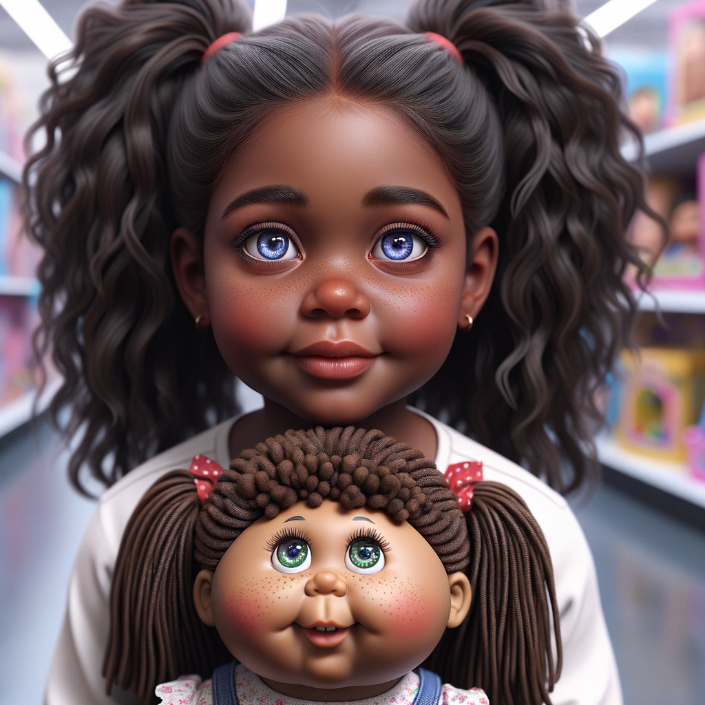 Create a 3-D realistic image of an African-American little girl above the age of five she has huge, blue eyes and thick long ponytails.
She is in a toy store and she is playing with her favorite african-American Cabbage Patch doll , the doll has deep, dimples and freckles