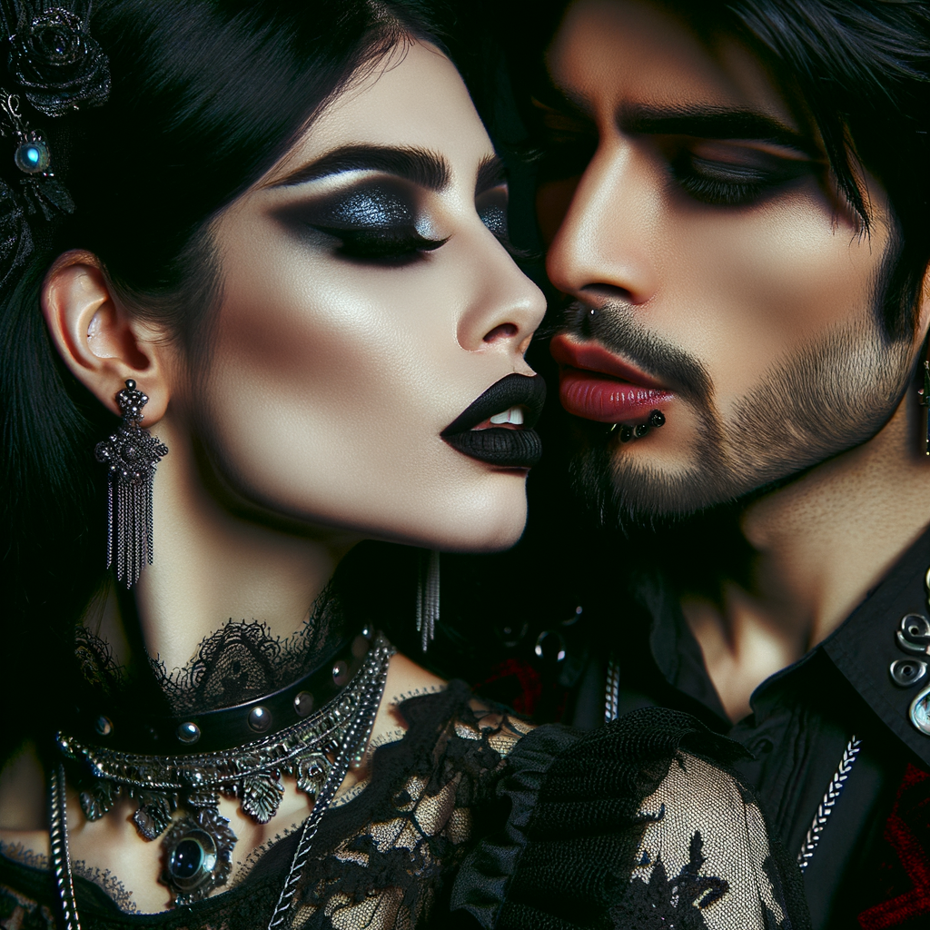 A beautiful goth woman lips kissing with a handsome goth man, embodying corrupting energies of each other, dark love