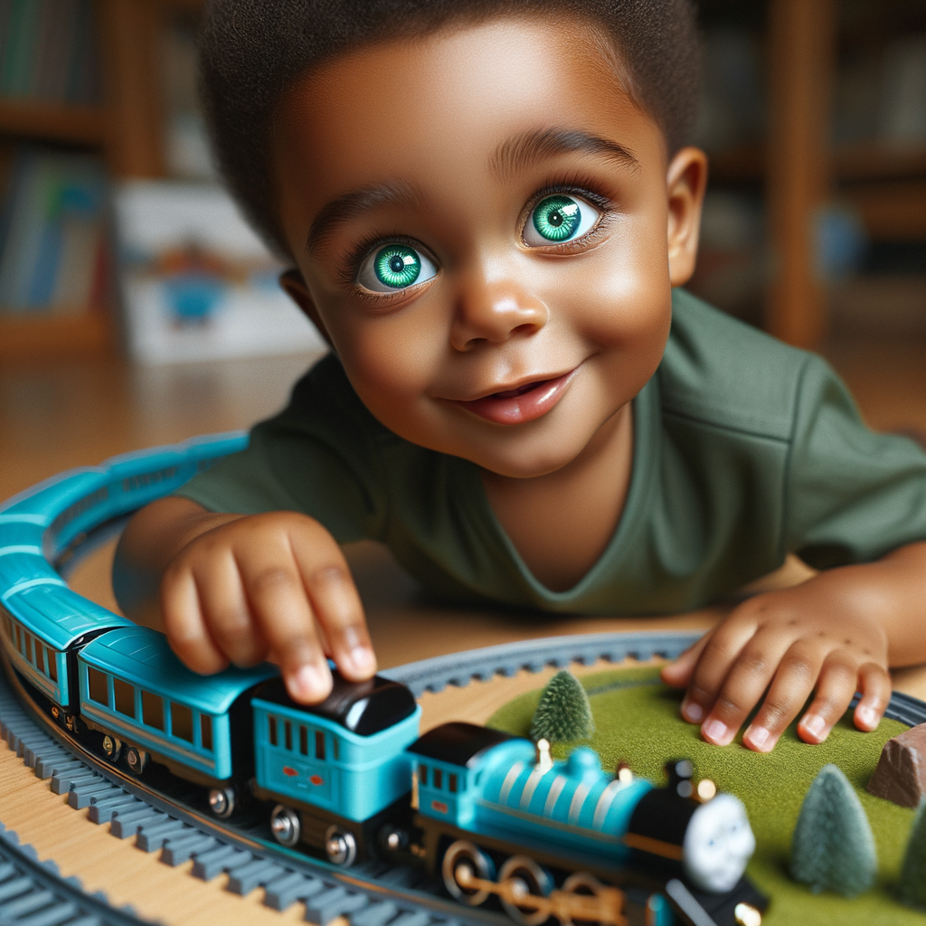 African-American baby boy with huge green eyes, playing with a train