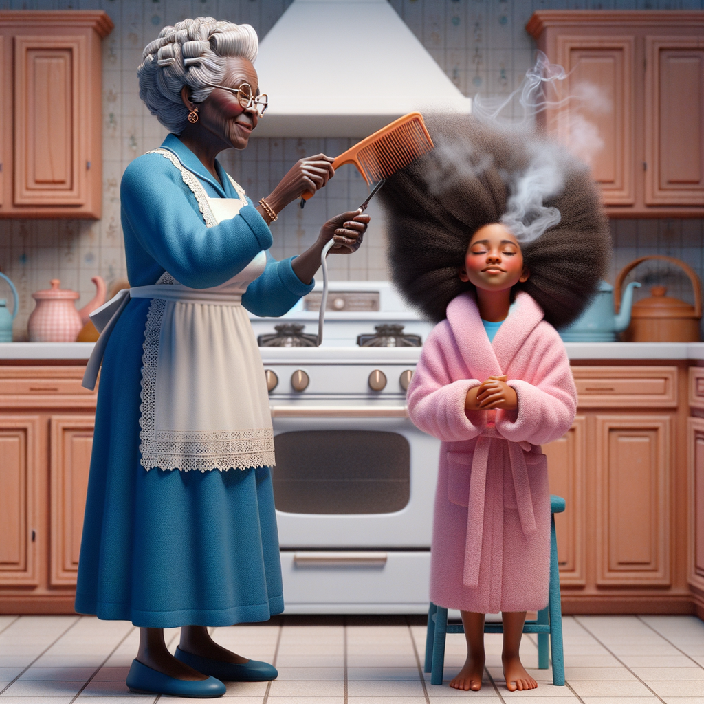 Create a realistic 3-D image of an african-American grandmother wearing a blue house dress and a white apron . She is in the kitchen with her african-American granddaughter. Her granddaughter is wearing a pink bath robe. The grandmother has a hot comb in her hand and she is straightening her granddaughters hair. One side of her granddaughters hair is in  a Afro the other straight 
There is smoke coming from the hot comb
The granddaughter is making a face