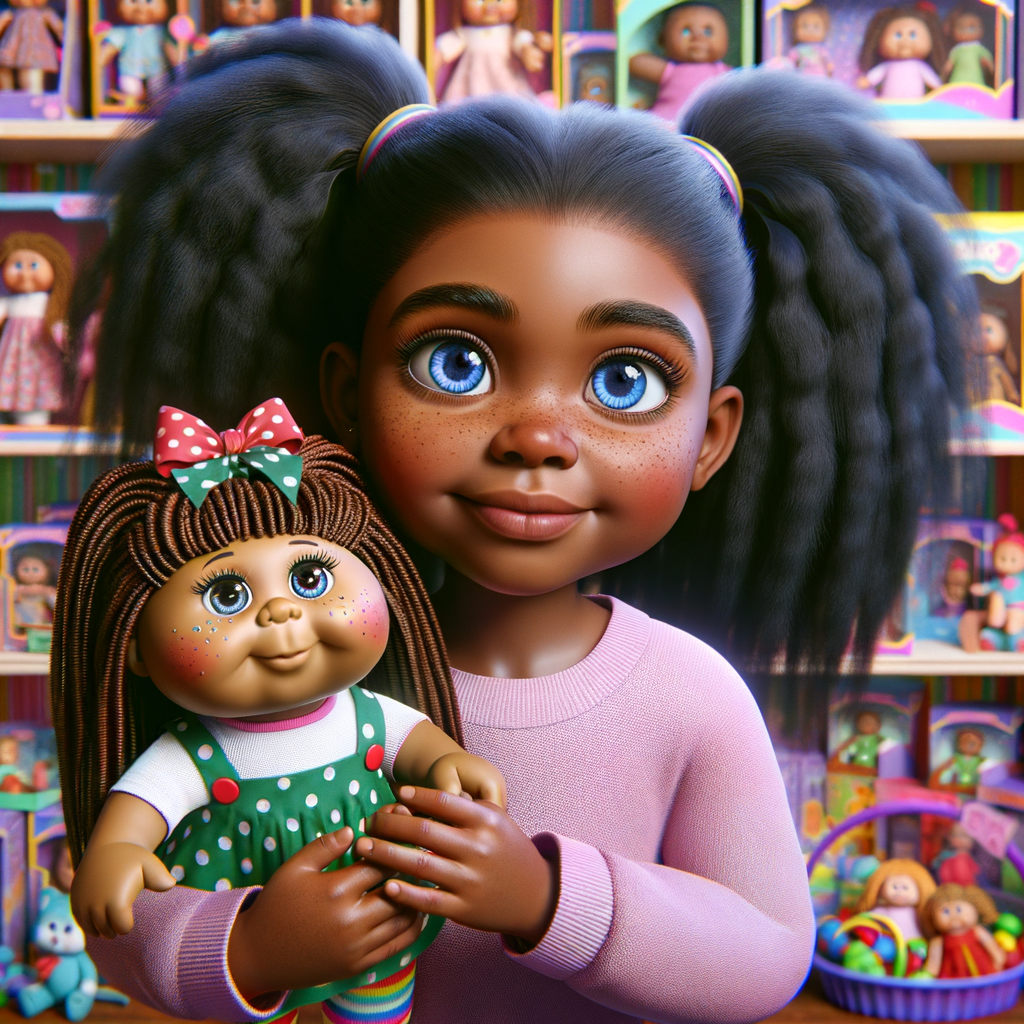 Create a 3-D realistic image of an African-American little girl above the age of five she has huge, blue eyes and thick long ponytails.
She is in a toy store and she is playing with her favorite african-American Cabbage Patch doll , the doll has deep, dimples and freckles