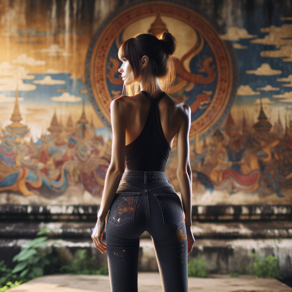 Athletic Thin skinny Attractive, Asian teenage girl, long brown hair and bangs, wearing tight skinny jeans and a halter top paint marks on her clothing, heroic pose Asian graffiti background, backside view