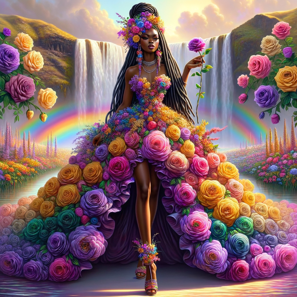 Remix Prompt
S/O Jackie Torres
S/O Panda Locke

create a animated style hyper realistic airbrush whimsical oil painting of a light African American woman wearing a flawless beautiful purple, pink, and gold blossom dress long flowing with colorful flowers and ruffles on the dress colorful jewelry made of flowers she has long black dreadlocks in a bun a colorful rose in her hair her peep toe shoes is matching her dress behind her is a beautiful waterfall liquid glowing lights beautiful colorful rainbow surrounded by beautiful roses.