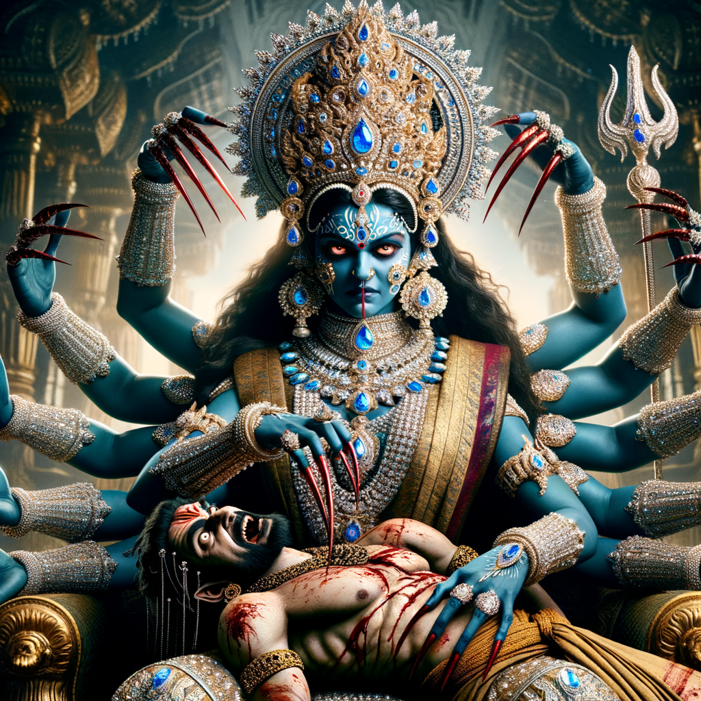 portrait of angry looking, four-armed indian goddess blue skinned sitting on a gold crown and carrying a weak mahishasur on her lap and poking his abdomen with her amazingly long red fingernails . She is wearing diamond armor, a huge diamond crown, black saree, abundant  diamond jewelry, covered in blood. The scene is set in ancient India. The image is 8K resolution, cinematic, photography, ultra detailed face and epic.