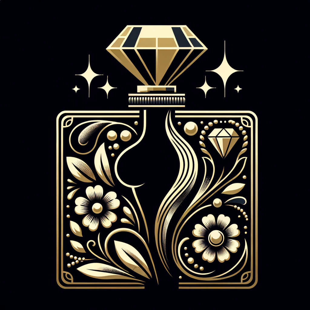 Design a fancy, black and gold bottle of perfume in the shape of a woman’s body. With a golden diamond top, flowers pearls and Diamonds in the name, Karen