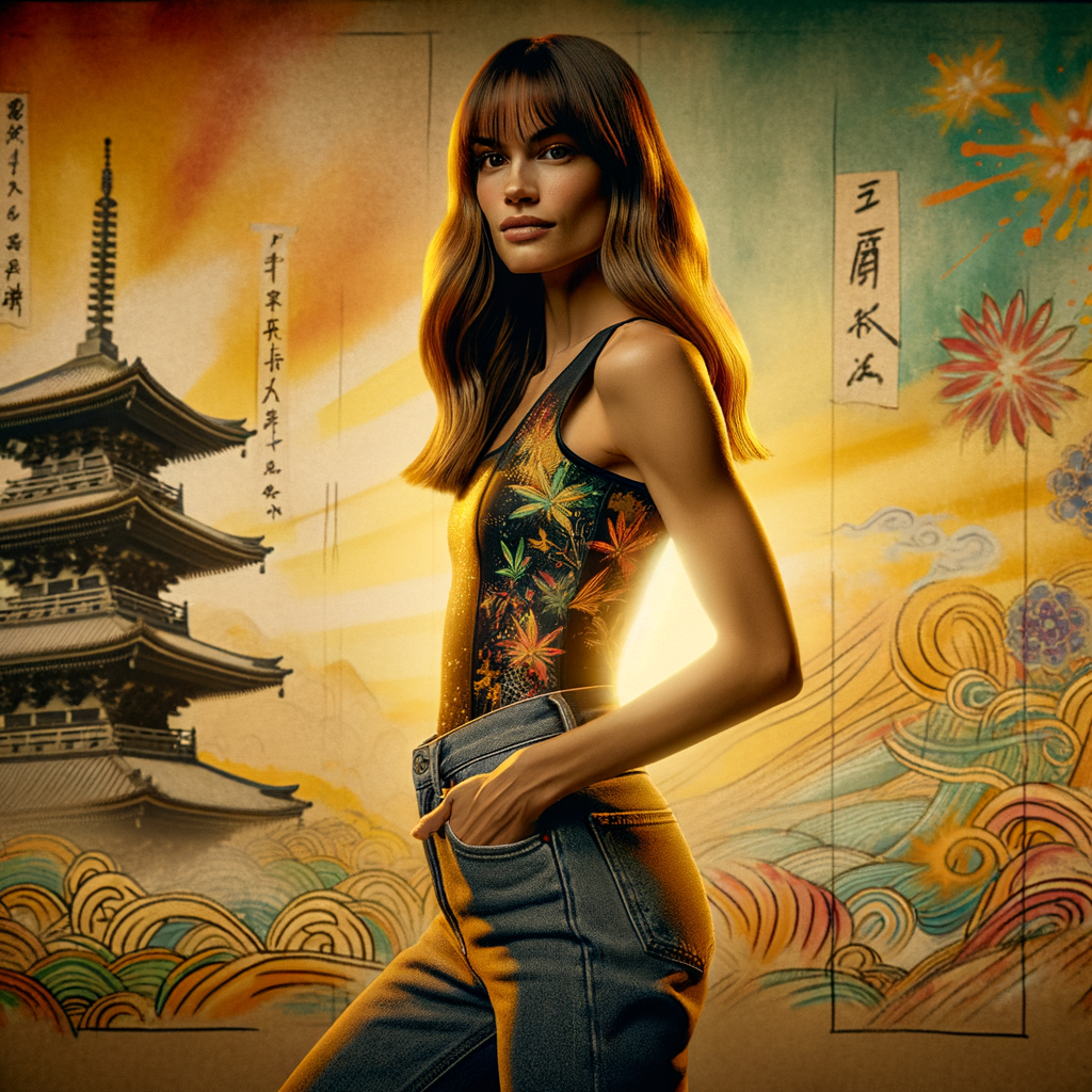 Athletic Thin skinny Attractive, Asian teenage girl, long brown hair and bangs, wearing tight skinny jeans and a halter top paint marks on her clothing, heroic pose Asian graffiti background, backside view