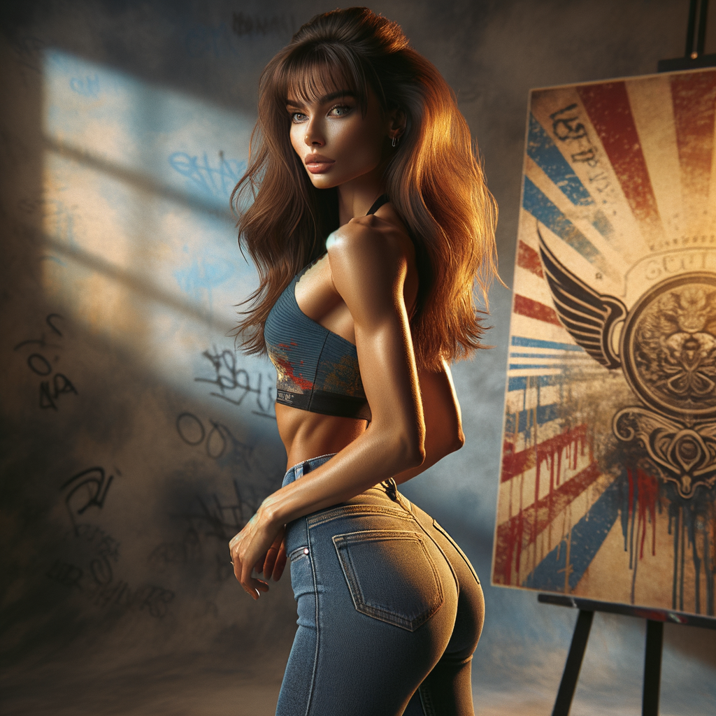 Athletic Thin skinny Attractive, Asian teenage girl, long brown hair and bangs, wearing tight skinny jeans and a halter top paint marks on her clothing, heroic pose Asian graffiti background, backside view