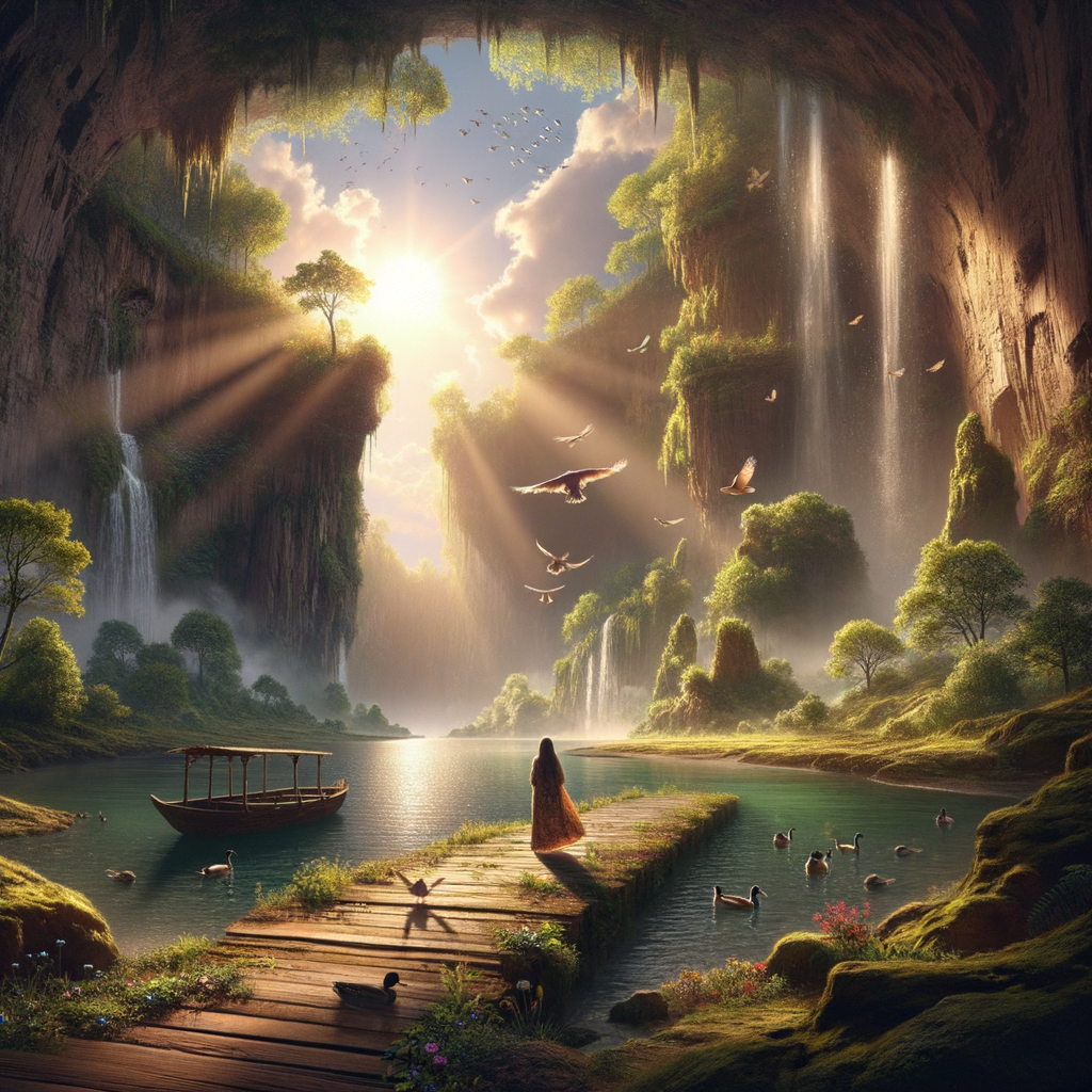 Create A fantastical and serene landscape scene, illuminated by the warm glow of sunlight. A large cave or rock formation frames the scene, with lush greenery and cascading waterfalls adorning its surface. Inside the cave, a tranquil body of water is surrounded by green trees and grassy land. A wooden pathway leads from the foreground into the distance, guiding the viewer’s eye towards a small boat in the calm waters. A person stands on the pathway, observing ducks grazing nearby and birds flying overhead. The sky is filled with birds soaring freely, adding to the atmosphere of peace and freedom. The overall mood of the image is one of awe and tranquility, evoking a sense of wonderment at nature’s beauty.