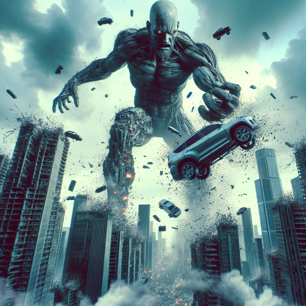 Create a hyper-realistic image depicting a sinister, bald giant showcasing his immense power as he hurls automobiles toward imposing skyscrapers with ease, causing a dramatic explosion with a shower of debris scattering across the sky.