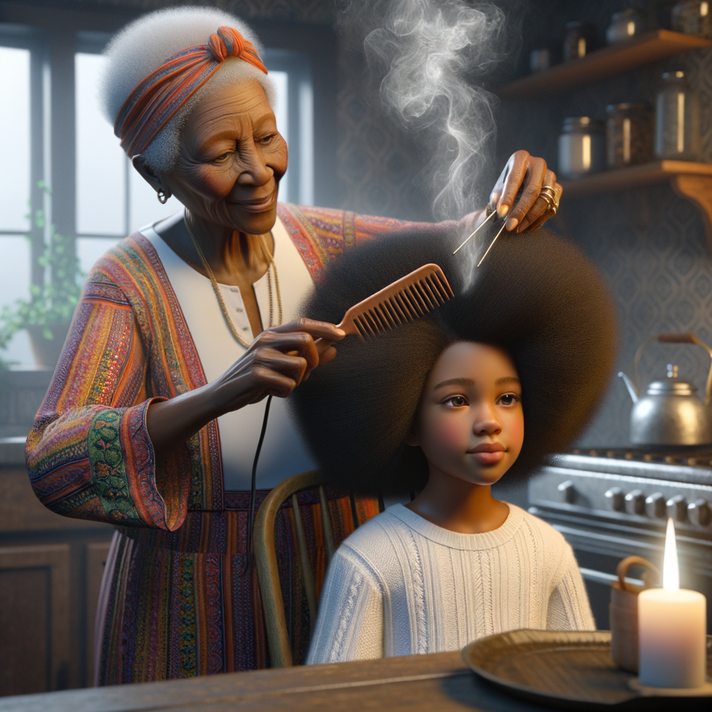 Create a realistic 3-D image of an african-American grandmother in the kitchen with her african-American granddaughter. The grandmother has a hot comb in her hair and she is straightening her granddaughters hair. One side of her granddaughters hair is in  a Afro the other is bone straight 
There is smoke coming from the hot comb