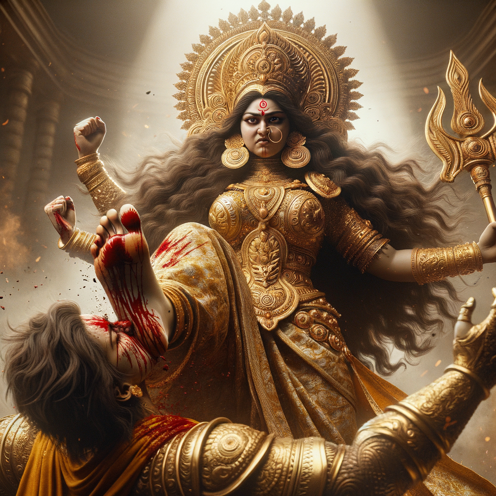 portrait of angry looking goddess durga placing her foot on a defeated mahishasur. She is wearing gold armor, a huge gold crown, gold saree, abundant  gold jewelry, covered in blood. The scene is set in ancient India. The image is 8K resolution, photography, cinematic, ultra detailed face and epic