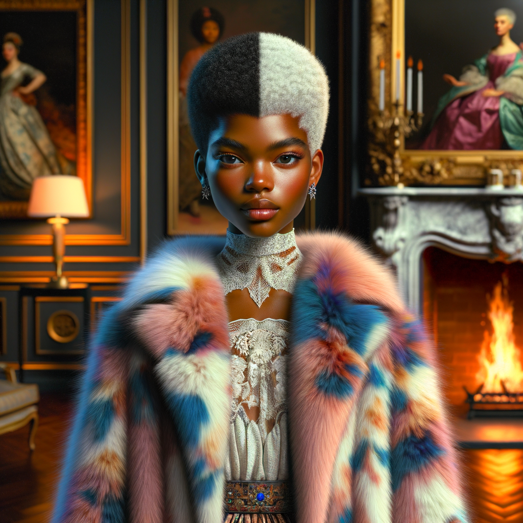 a full body veiw of a colorful gloss hyper realistic oil painting of a regal beautiful light skinned afro  American girlwith beautiful pixie cut one side of hair is black and the other side  of her hair white slick baby hair and furry white and pink and blue furry coat and outfit under the coat standing in living room with fireplace