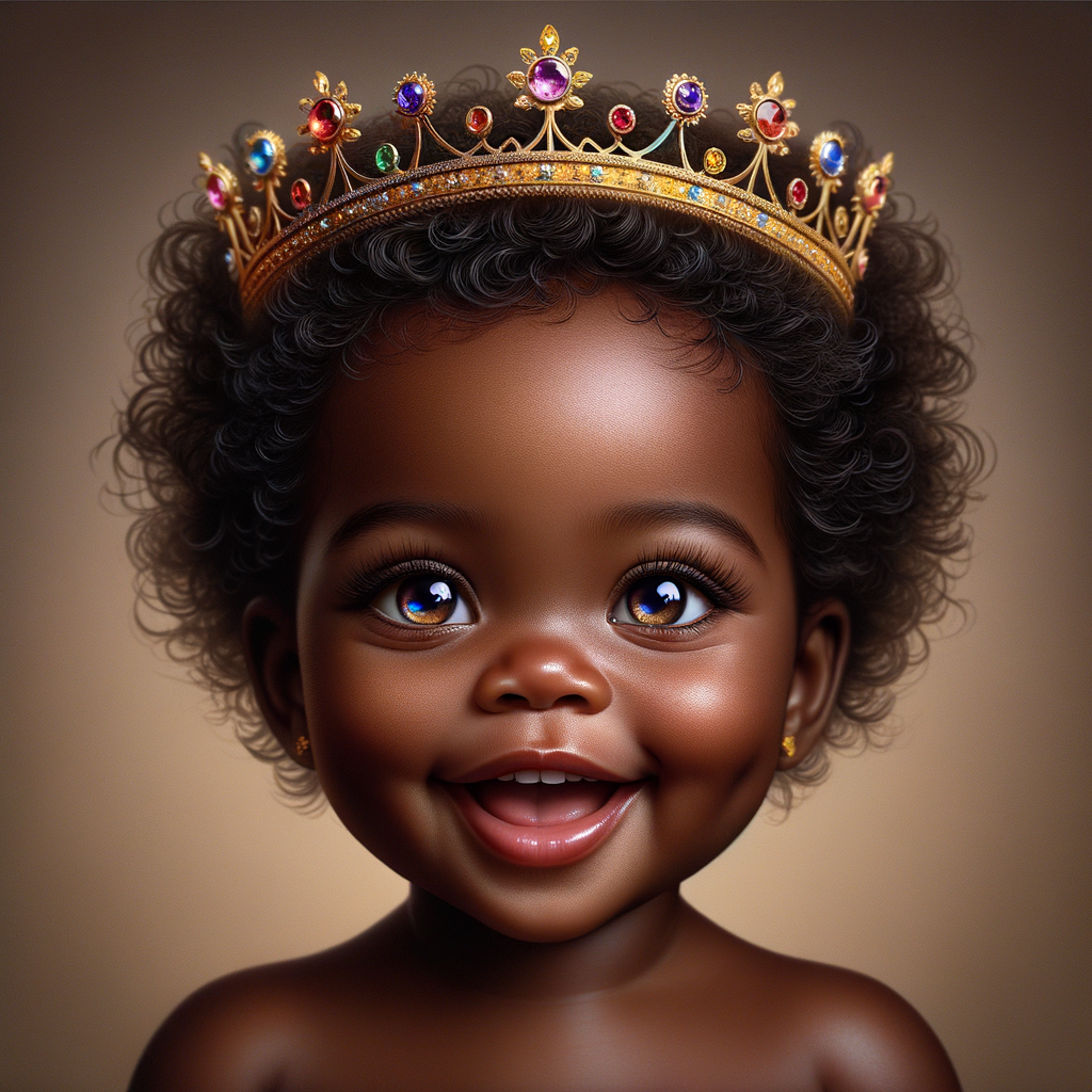 "Create a digital portrait of an adorable african-American baby girl with a joyful expression. She is wearing a gold crown with colorful jewels. Her big, bright blue eyes are wide with wonder, and her tiny mouth is shaped in a happy grin. Her skin has a warm, honey-brown tone, and she has an abundance of thick curly black hair, The background is soft and neutral to keep the focus on her delightful features. The portrait should be vibrant and heartwarming, celebrating the innocence and charm of childhood."