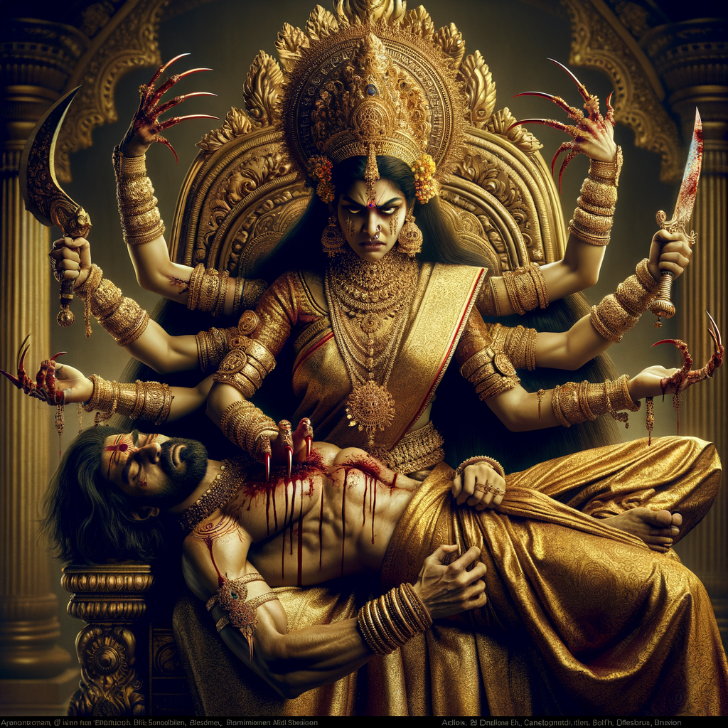 portrait of angry looking, four-armed indian goddess  sitting on a gold crown and carrying a weak mahishasur on her lap and poking his abdomen with her two hands with amazingly long red fingernails . She is wearing gold armor, a huge gold crown, gold saree, abundant  gold jewelry, covered in blood. The scene is set in ancient India. The image is 8K resolution, cinematic, photography, ultra detailed face and epic.